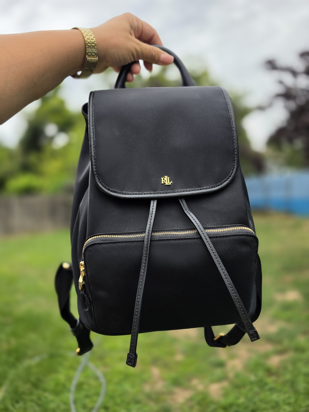 Ralph Lauren Black RL Logo Drawstring Backpack